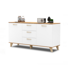 INGRID - Scandinavian Chest of drawers - 3 Drawers, 2 Doors White Matt / Wotan Oak H29 1/2" W59" D17 3/4"