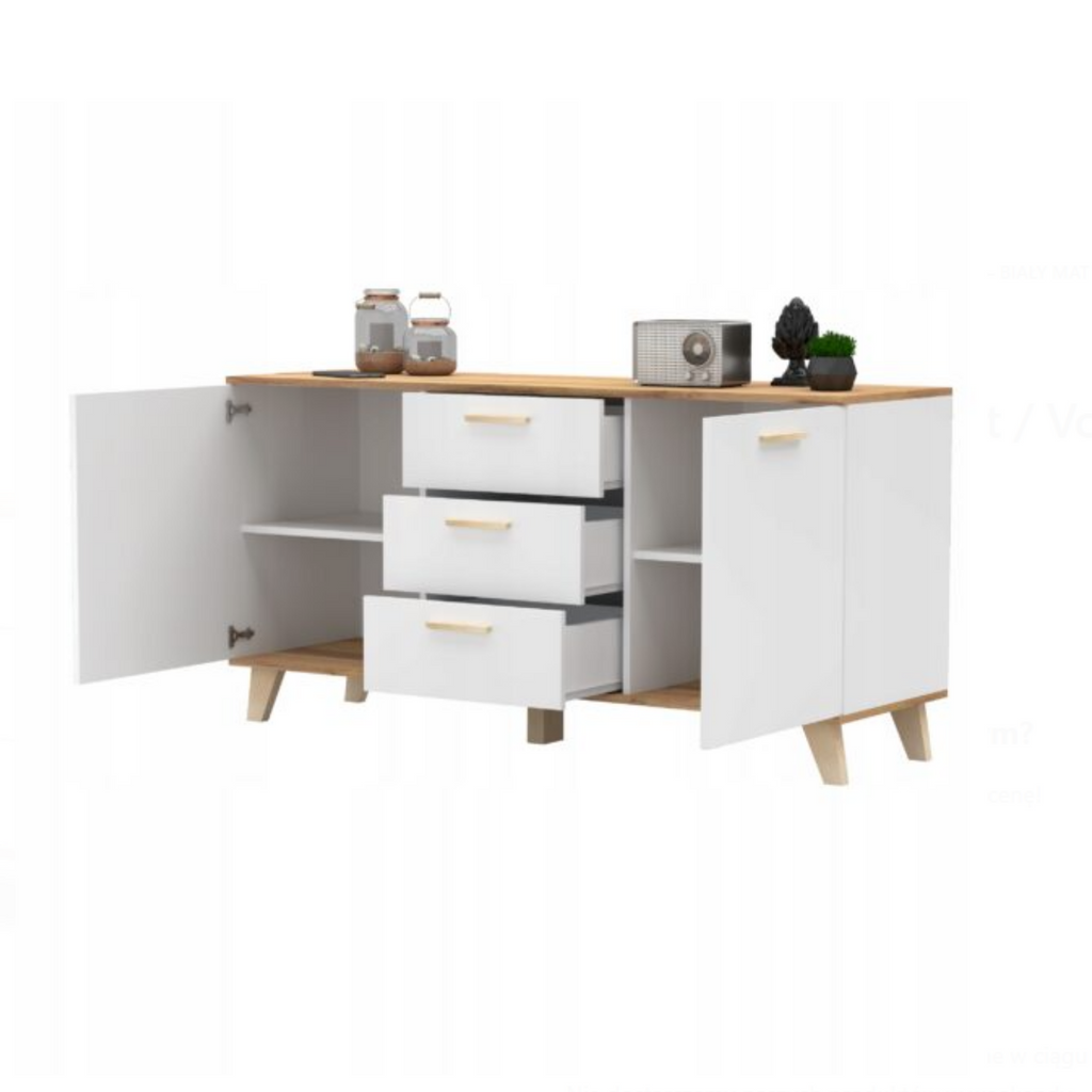 INGRID - Scandinavian Chest of drawers - 3 Drawers, 2 Doors White Matt / Wotan Oak H29 1/2" W59" D17 3/4"