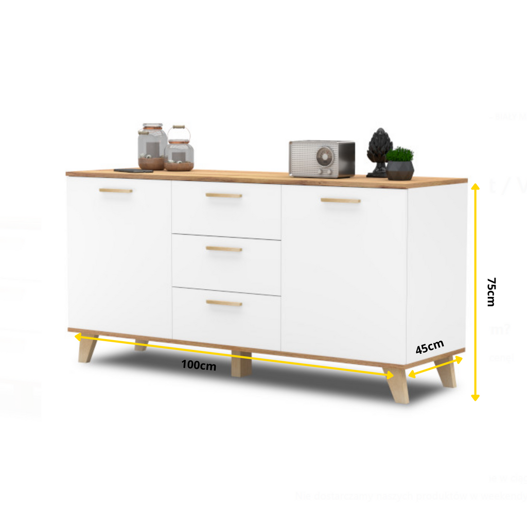 INGRID - Scandinavian Chest of drawers - 3 Drawers, 2 Doors White Matt / Wotan Oak H29 1/2" W59" D17 3/4"