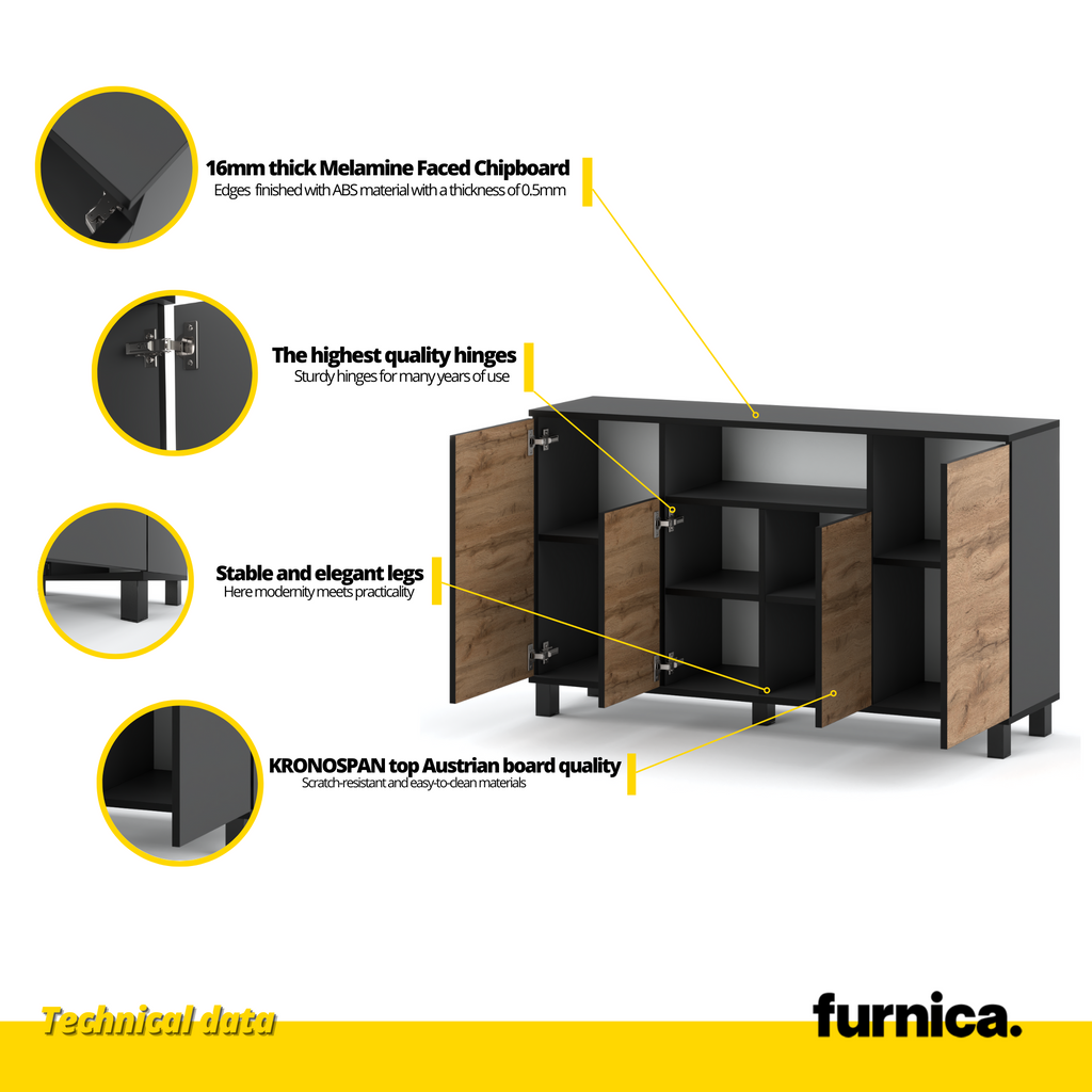 CALVIN - TV Cabinet with 4 Doors - Living Room Storage Sideboard - Anthracite Grey / Wotan Oak H31 1/2" W55 1/8" D13 3/4"