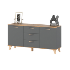 INGRID - Scandinavian Chest of drawers - 3 Drawers, 2 Doors Anthracite Grey / Wotan Oak H29 1/2" W59" D17 3/4"