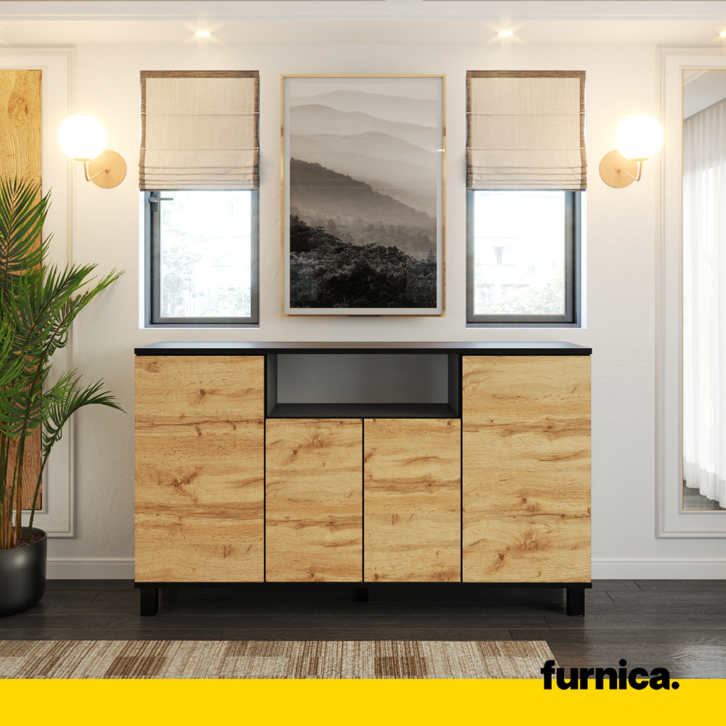 CALVIN - TV Cabinet with 4 Doors - Living Room Storage Sideboard - Anthracite Grey / Wotan Oak H31 1/2" W55 1/8" D13 3/4"