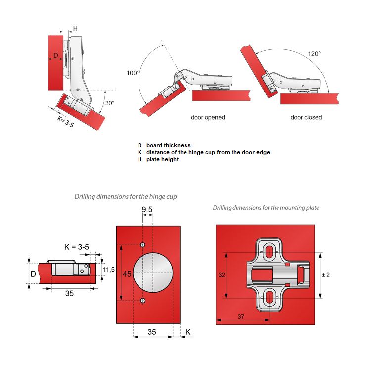 +30º Soft-Close Hinge, H2 Mounting Plate with EURO Screws, Angled Doors