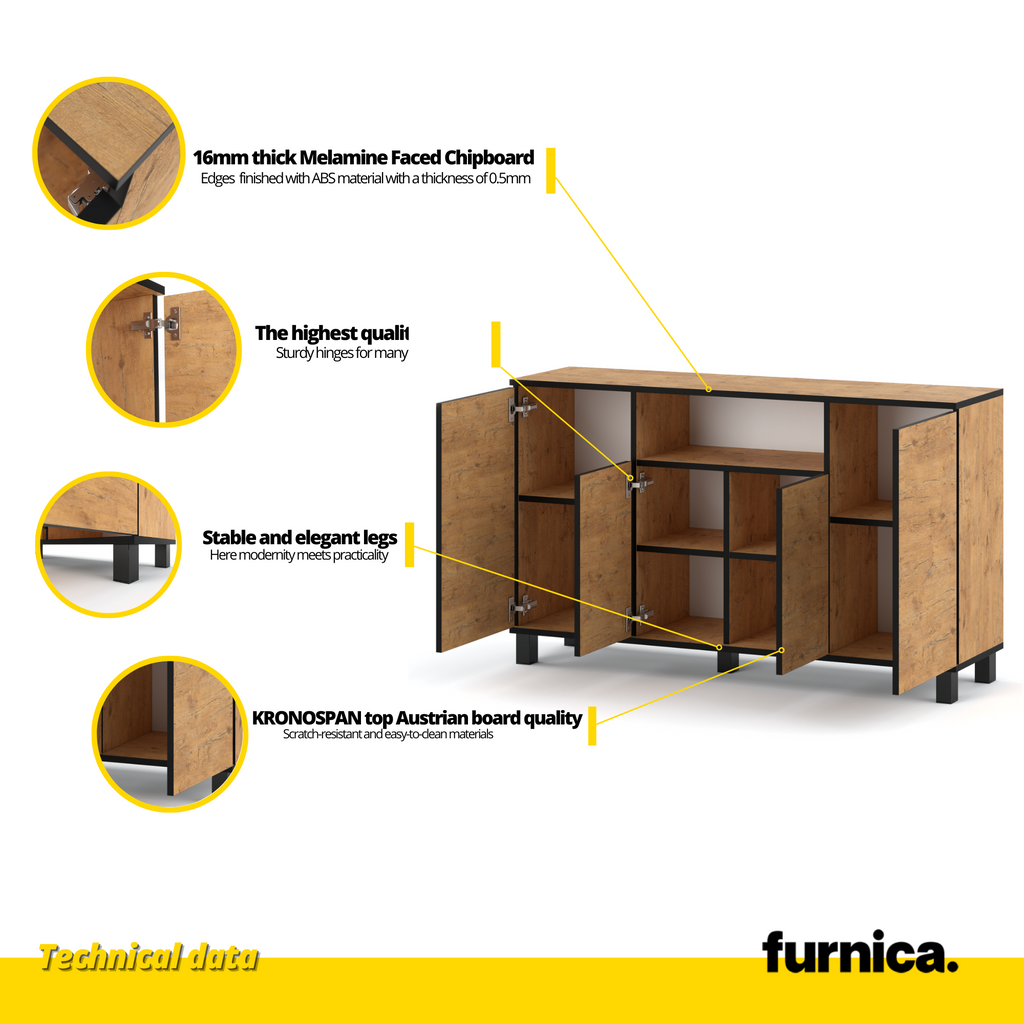 CALVIN - TV Cabinet with 4 Doors - Living Room Storage Sideboard - Lancelot Oak H31 1/2" W55 1/8" D13 3/4"