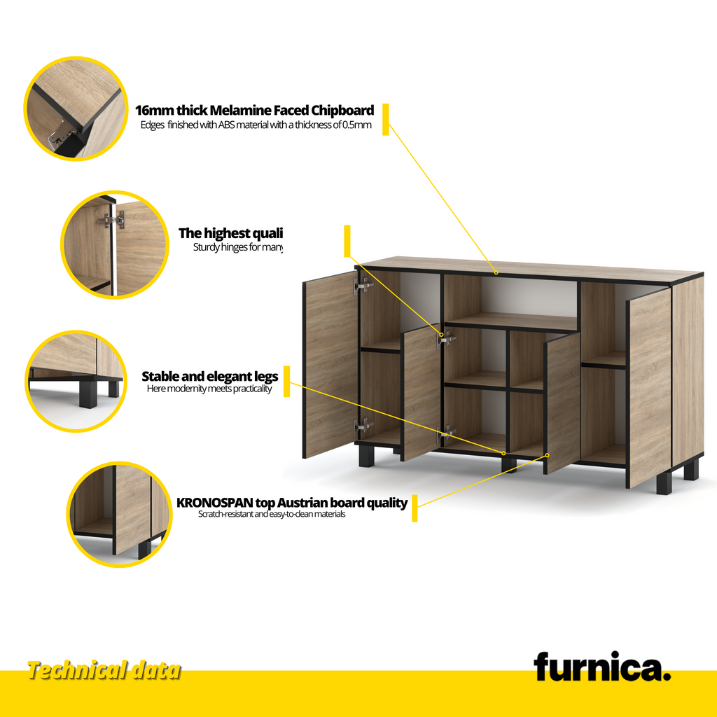 CALVIN - TV Cabinet with 4 Doors - Living Room Storage Sideboard - Sonoma Oak H31 1/2" W55 1/8" D13 3/4"