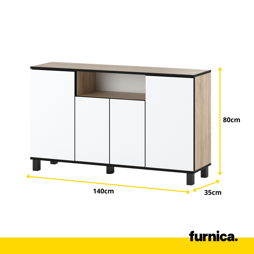 CALVIN - TV Cabinet with 4 Doors - Living Room Storage Sideboard - Sonoma Oak / White Matt H31 1/2" W55 1/8" D13 3/4"