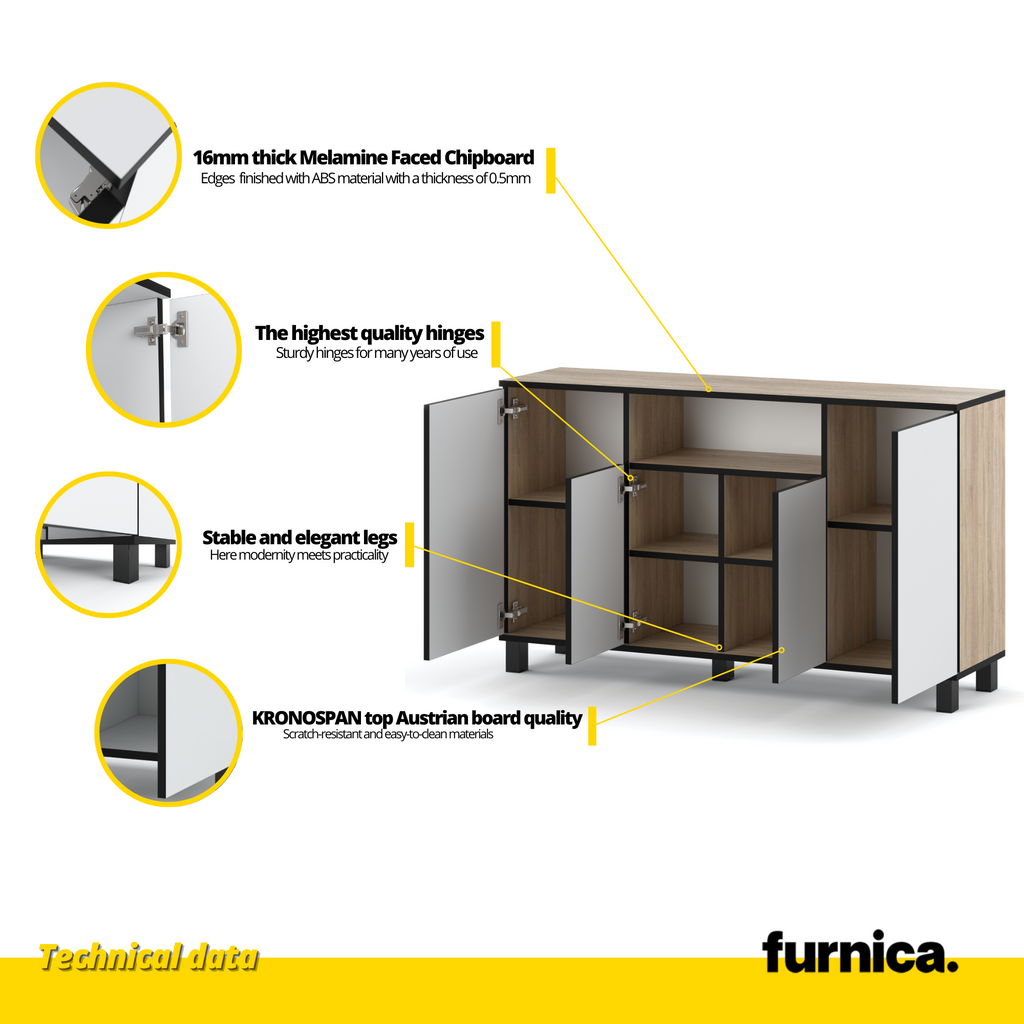 CALVIN - TV Cabinet with 4 Doors - Living Room Storage Sideboard - Sonoma Oak / White Matt H31 1/2" W55 1/8" D13 3/4"