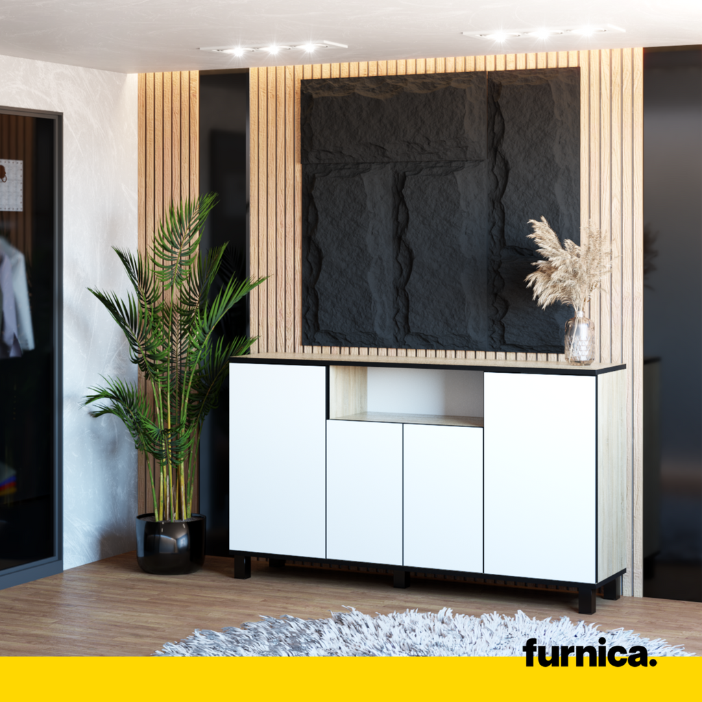 CALVIN - TV Cabinet with 4 Doors - Living Room Storage Sideboard - Sonoma Oak / White Matt H31 1/2" W55 1/8" D13 3/4"