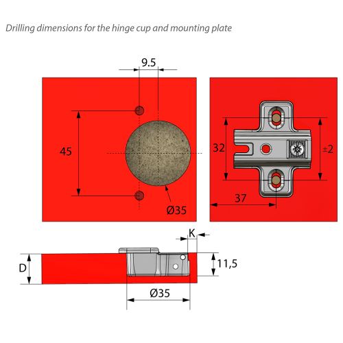 +45º Hinge, H2 Mounting Plate with EURO Screws, Angled Doors