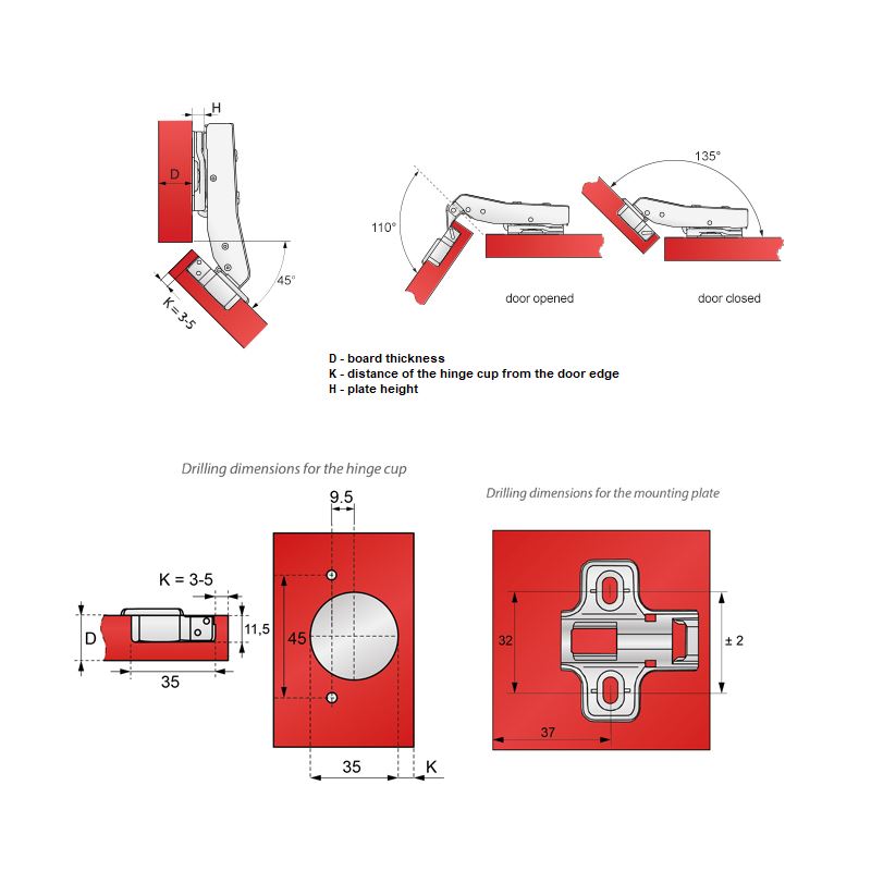 +45º Soft-Close Hinge, H2 Mounting Plate with EURO Screws, Angled Doors