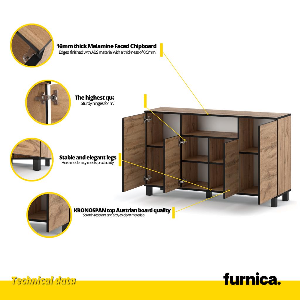 CALVIN - TV Cabinet with 4 Doors - Living Room Storage Sideboard - Wotan Oak H31 1/2" W55 1/8" D13 3/4"
