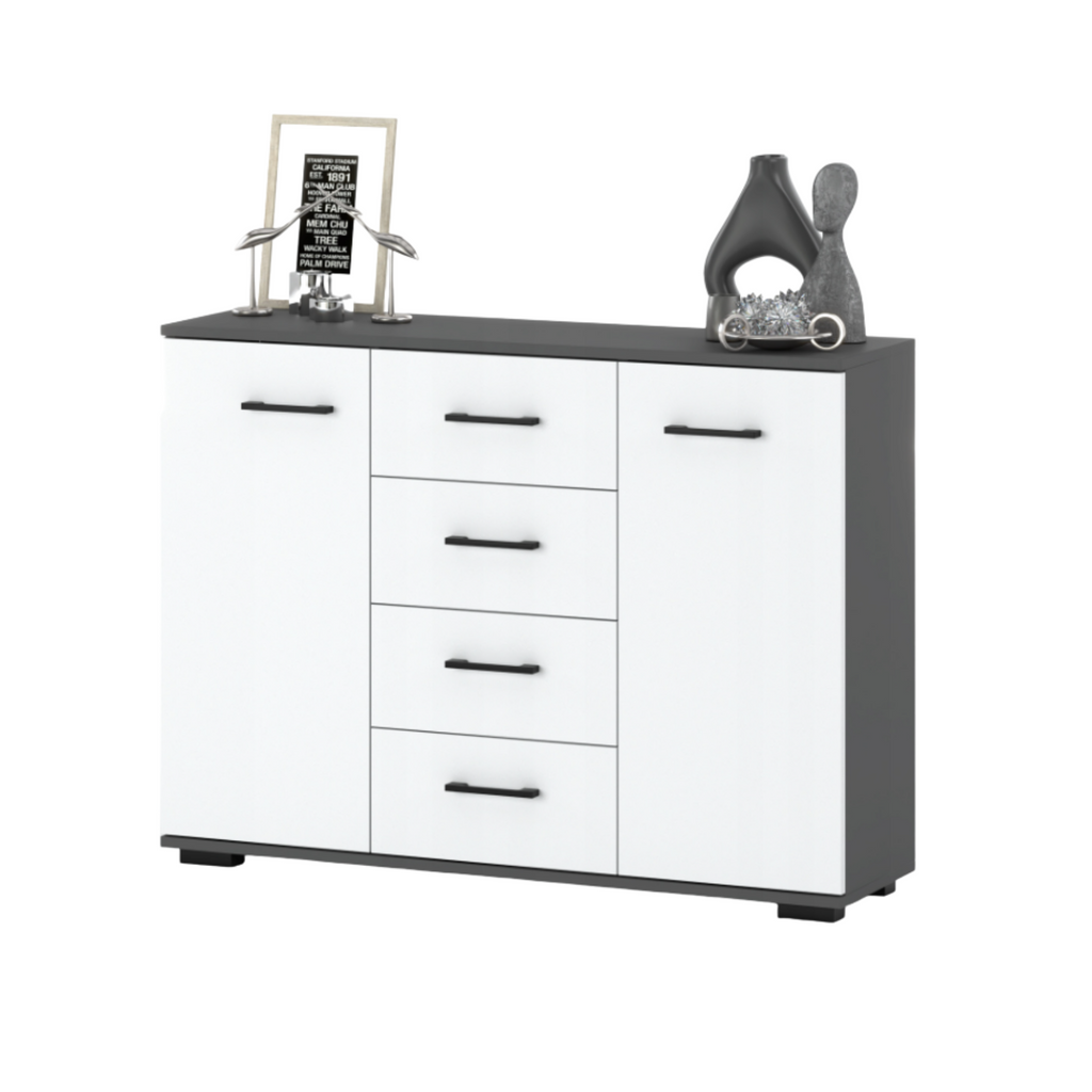 MARK - Chest of 4 Drawers and 2 Doors - Bedroom Dresser Storage Cabinet Sideboard - Anthracite / White Matt H33 1/2" W47 1/4" D13 3/4"