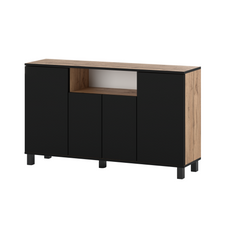 CALVIN - TV Cabinet with 4 Doors - Living Room Storage Sideboard - Wotan Oak / Black Matt H31 1/2" W55 1/8" D13 3/4"