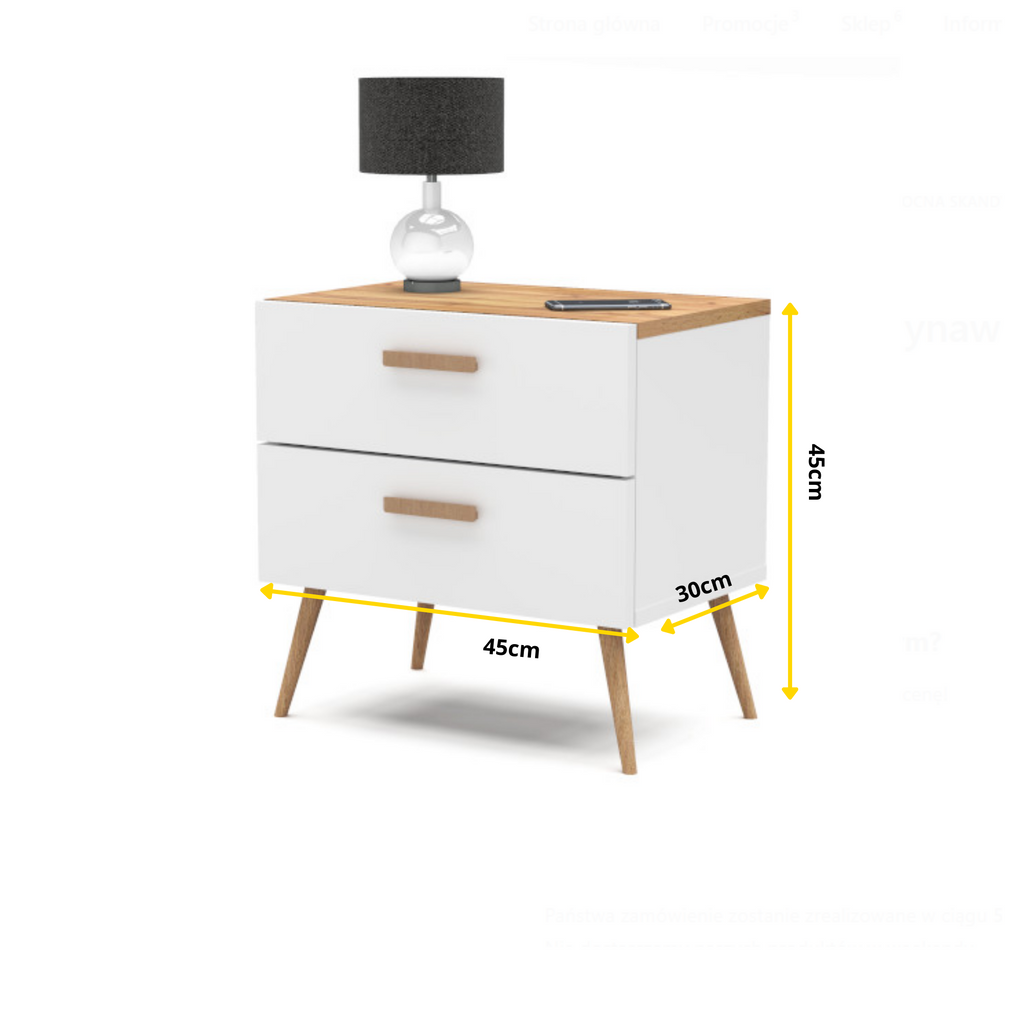 INGRID - Scandinavian Bedside Table - Nightstand with 2 Drawers - White Matt / Wotan Oak H17 3/4" W17 3/4" D11 3/4"