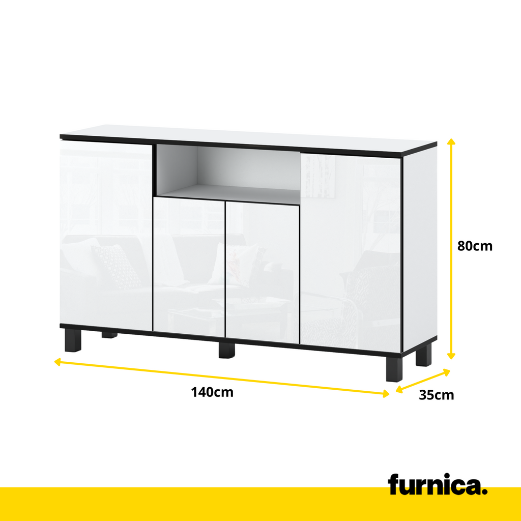 CALVIN - TV Cabinet with 4 Doors - Living Room Storage Sideboard - White Gloss H31 1/2" W55 1/8" D13 3/4"