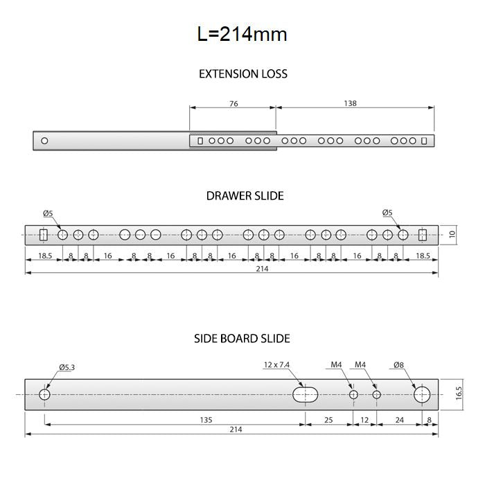 8 inch (214mm) drawer slides ball bearing H17 (right and left side)