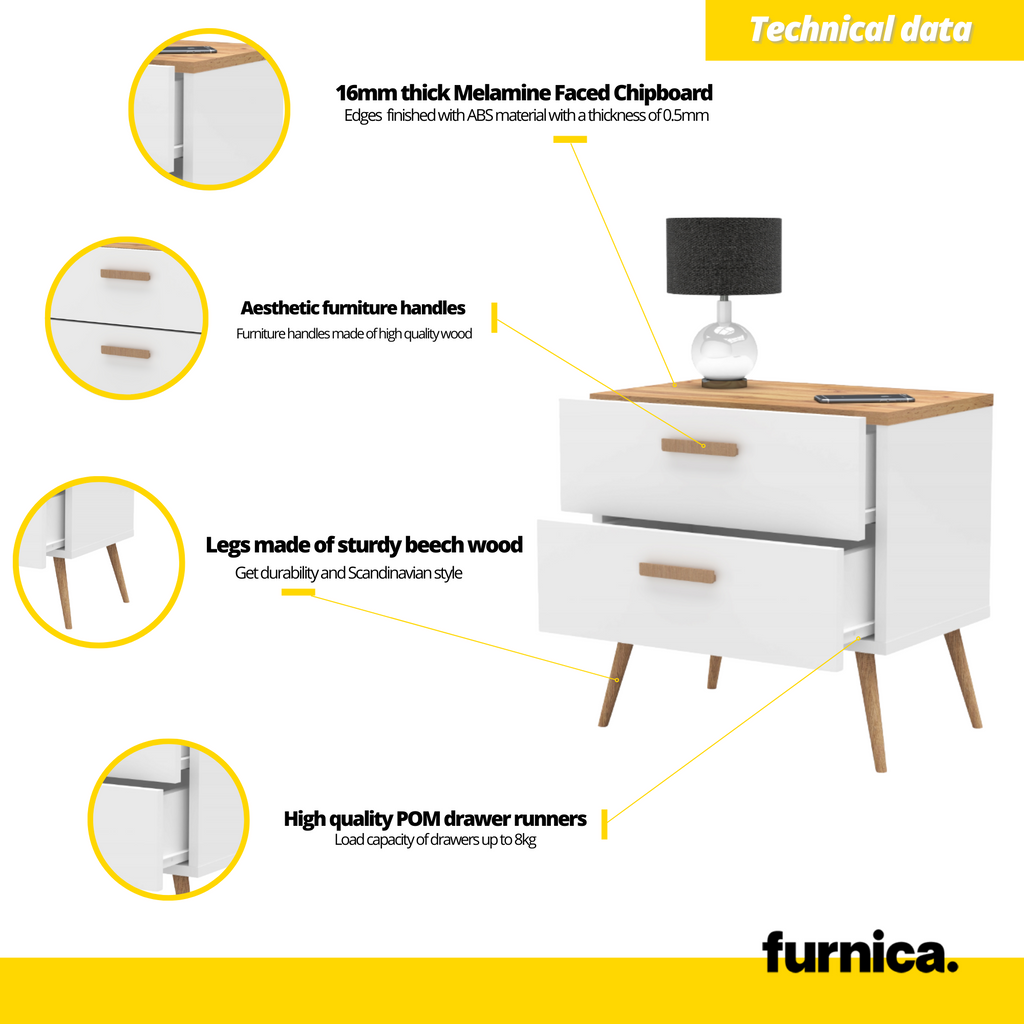 INGRID - Scandinavian Bedside Table - Nightstand with 2 Drawers - White Matt / Wotan Oak H17 3/4" W17 3/4" D11 3/4"