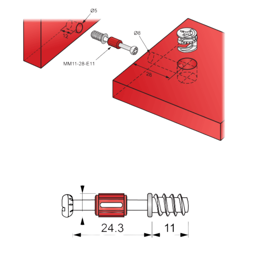 Cam Dowel 1-1/8 inch with Euro Screw-Thread - 1000 pcs