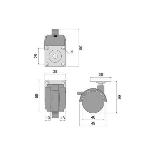 Furniture rubber swivel wheel with mounting plate and brake Ø1-9/16 inch