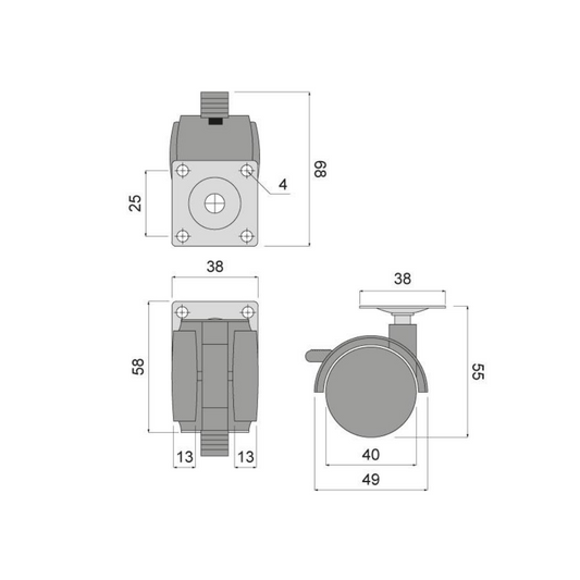 Furniture plastic swivel wheel with mounting plate and brake Ø1-9/16 inch