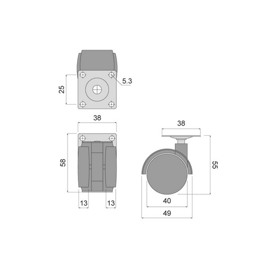 Furniture plastic swivel wheel with mounting plate Ø1-9/16 inch