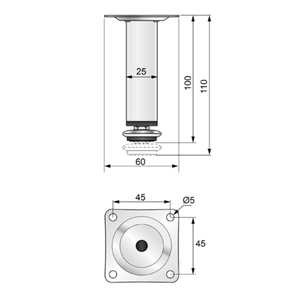 Square Furniture Leg 1x1 inch - H 3-15/16 inch Chrome