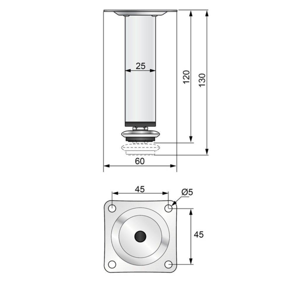 Square Furniture Leg 1x1 inch - H 4-3/4 inch Chrome