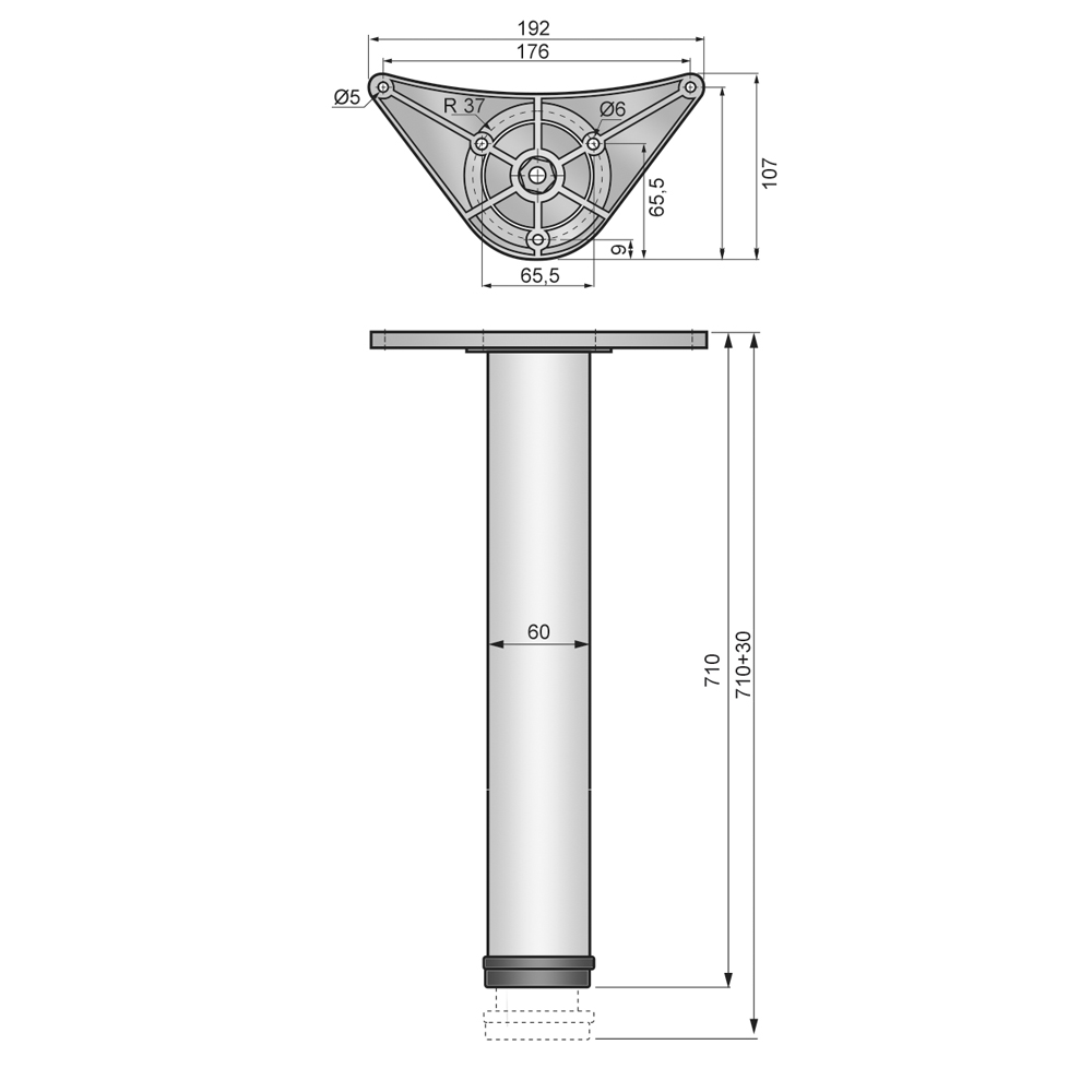 Adjustable Furniture Leg 27-15/16 inch - ZnAl Mounting Plate - White