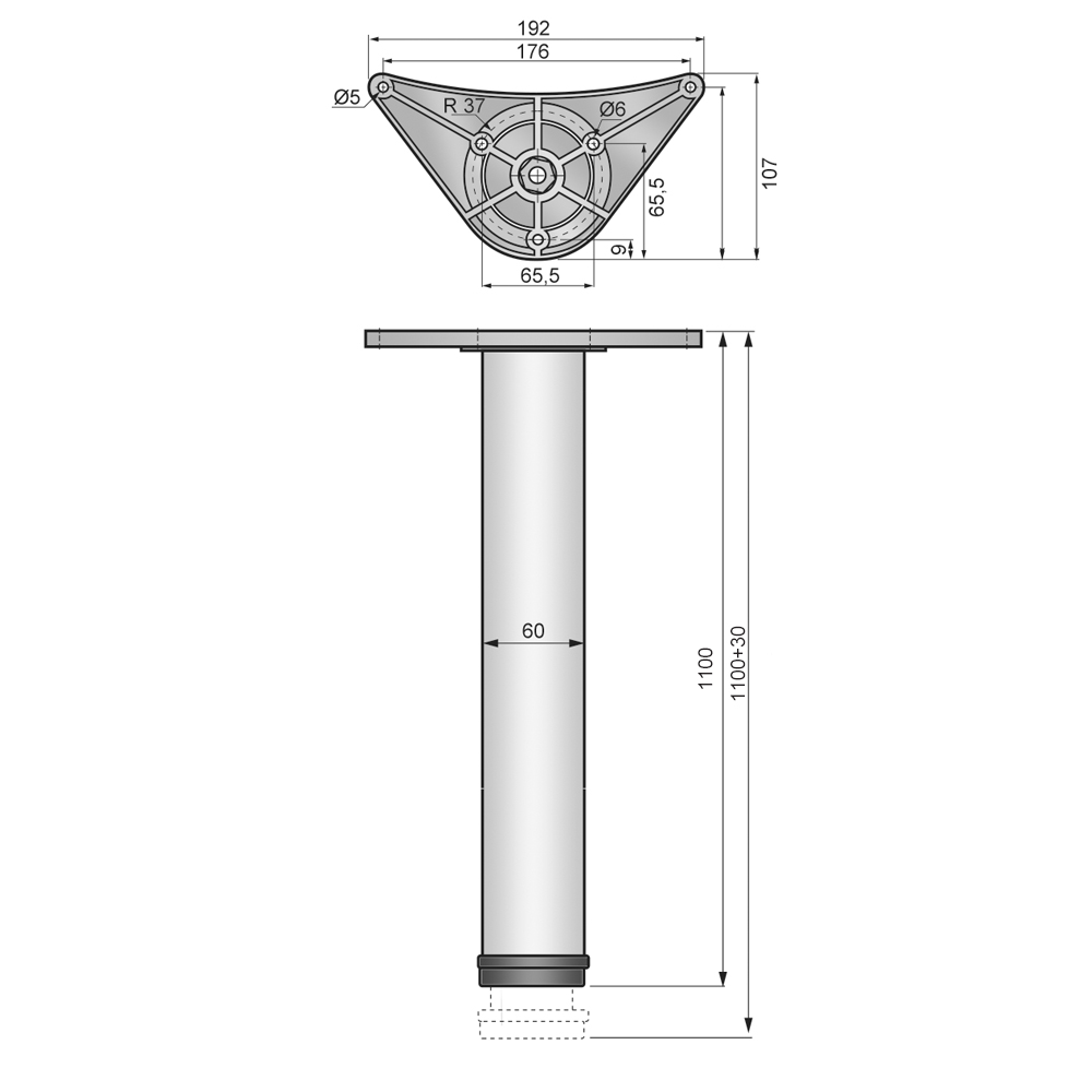 Adjustable Furniture Leg 43-5/16 inch - ZnAl Mounting Plate - Satin