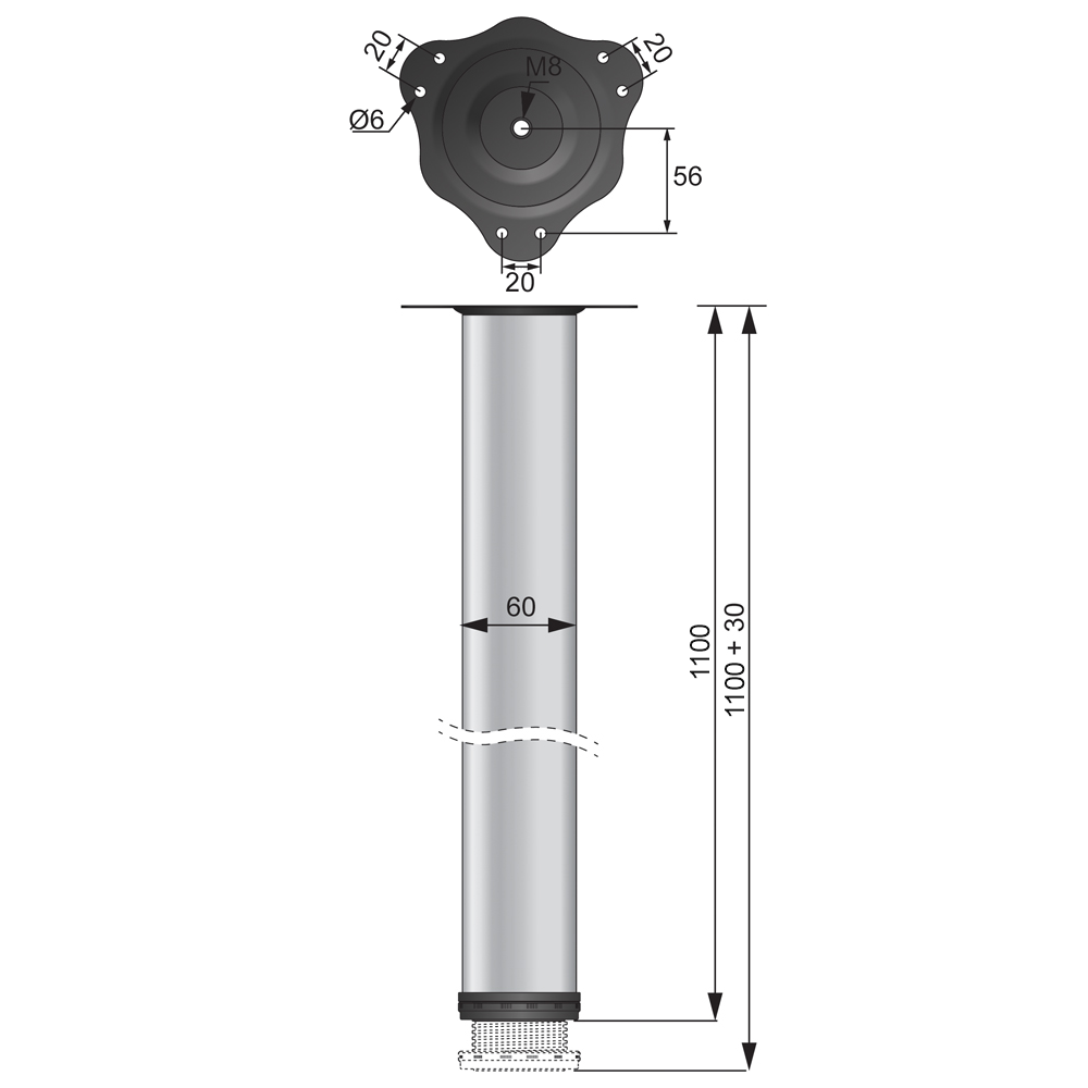 Adjustable Furniture Leg 43-5/16 inch - Steel Mounting Plate - Satin