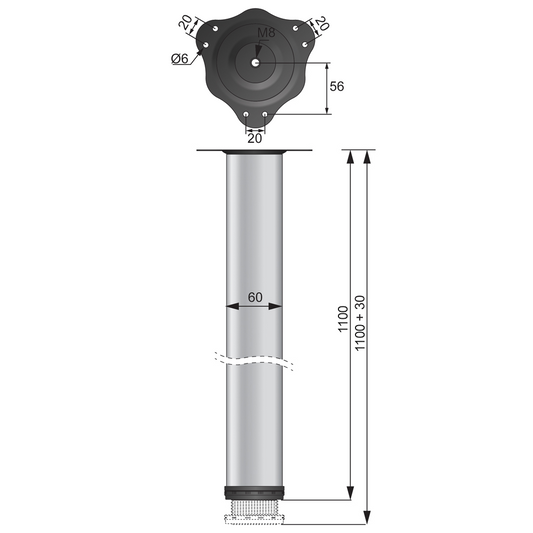 Adjustable Furniture Leg 43-5/16 inch - Steel Mounting Plate - Chrome