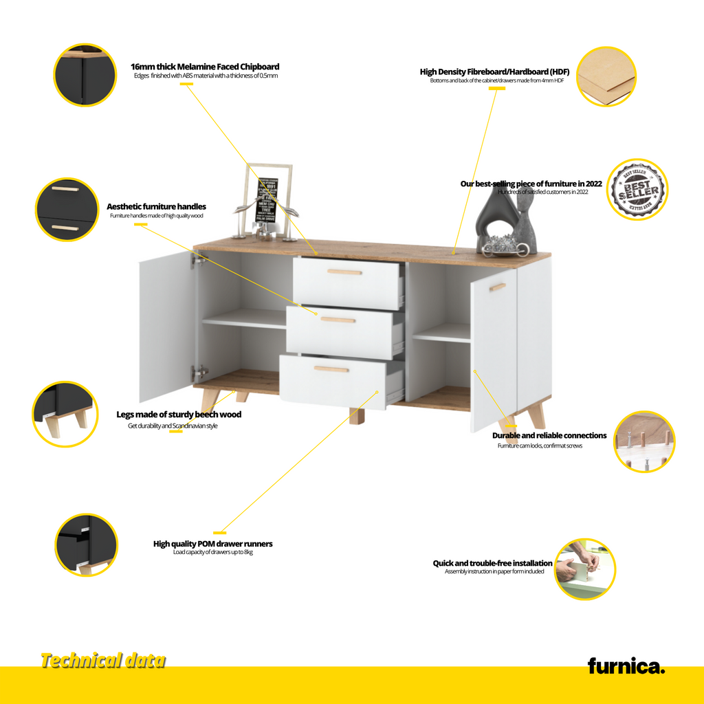 INGRID - Scandinavian Chest of drawers - 3 Drawers, 2 Doors White Matt / Wotan Oak H29 1/2" W59" D17 3/4"