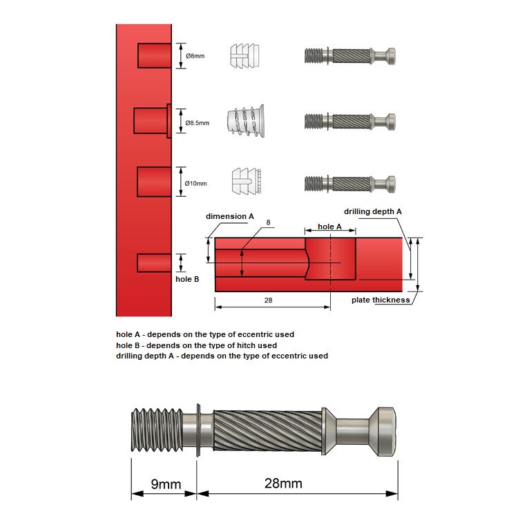 Cam Dowel 1-1/8 inch with M6 Screw-Thread - 100 pcs