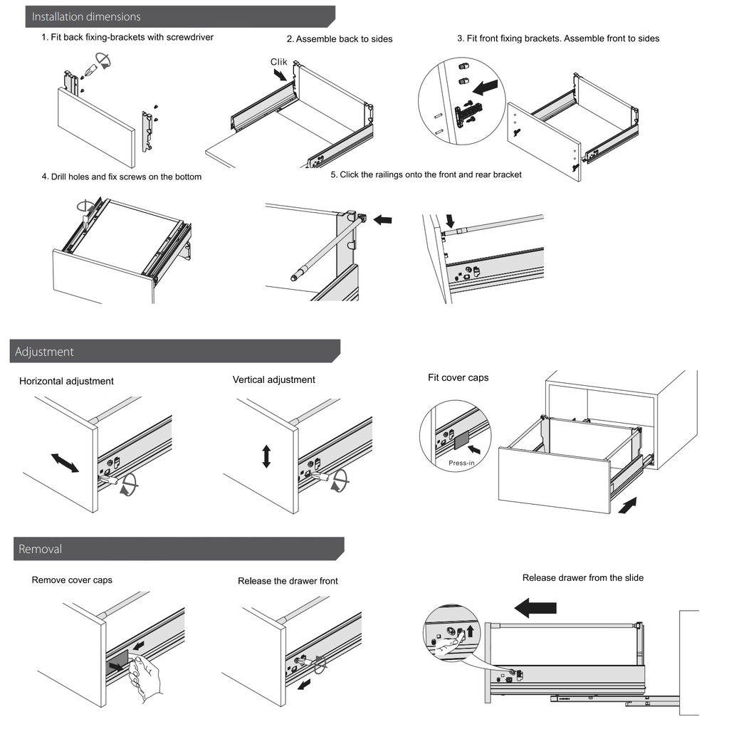 Soft-Close Drawer System, HIGH, H: 7-5/16 inch, Silver 22 inch