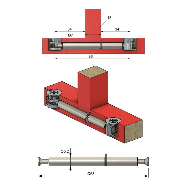 Double-Sided Cam Dowel 1-5/16+11/16+1-5/16 inch - 1000 pcs