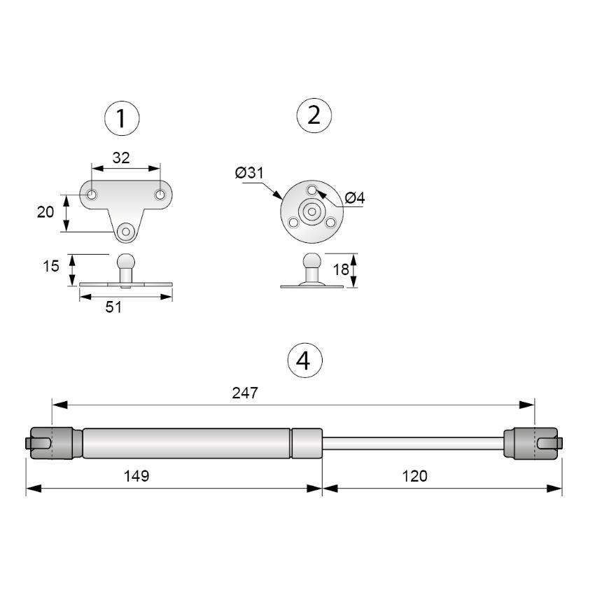 Gas Strut 9-13/16 inch White - 50N