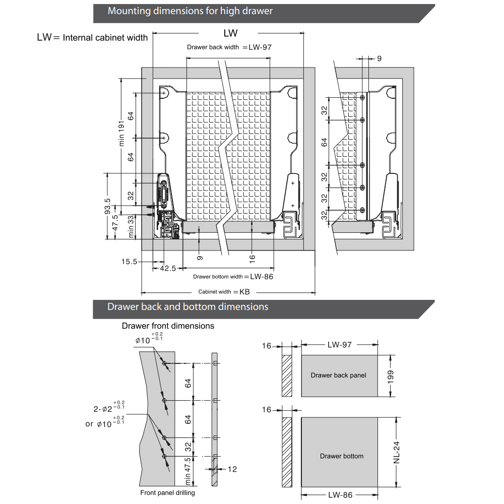 Soft-Close Drawer System, HIGH, H: 7-5/16 inch, Silver 22 inch