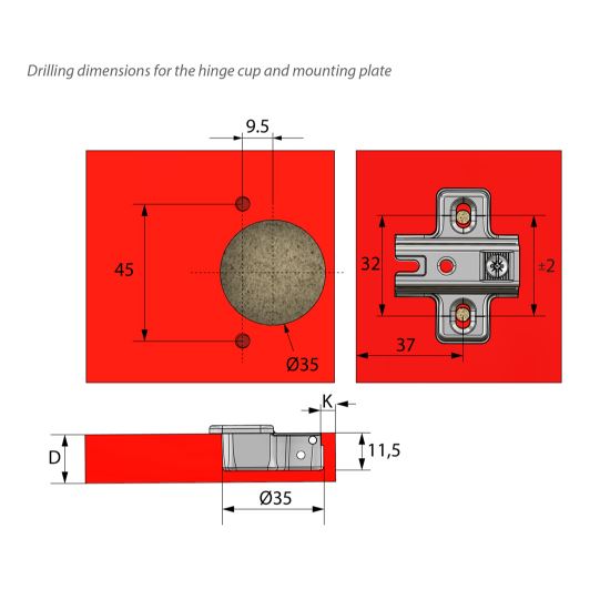 Hinge, H0 Mounting Plate with EURO Screws, Twin Doors