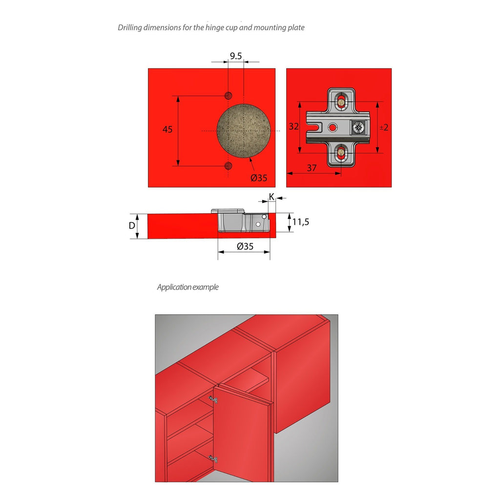 Hinge, H0 Mounting Plate with EURO Screws, Twin Doors