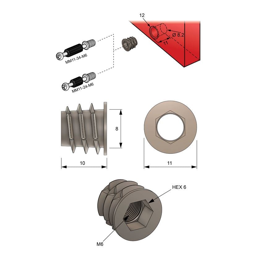 M6 threaded insert 5/16x3/8 inch - 100 pcs