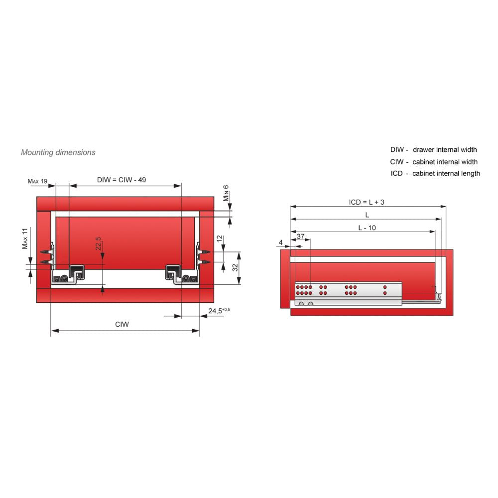 Soft-Close Undermount Slides (left and right), 3/4 Extension - 12 inch