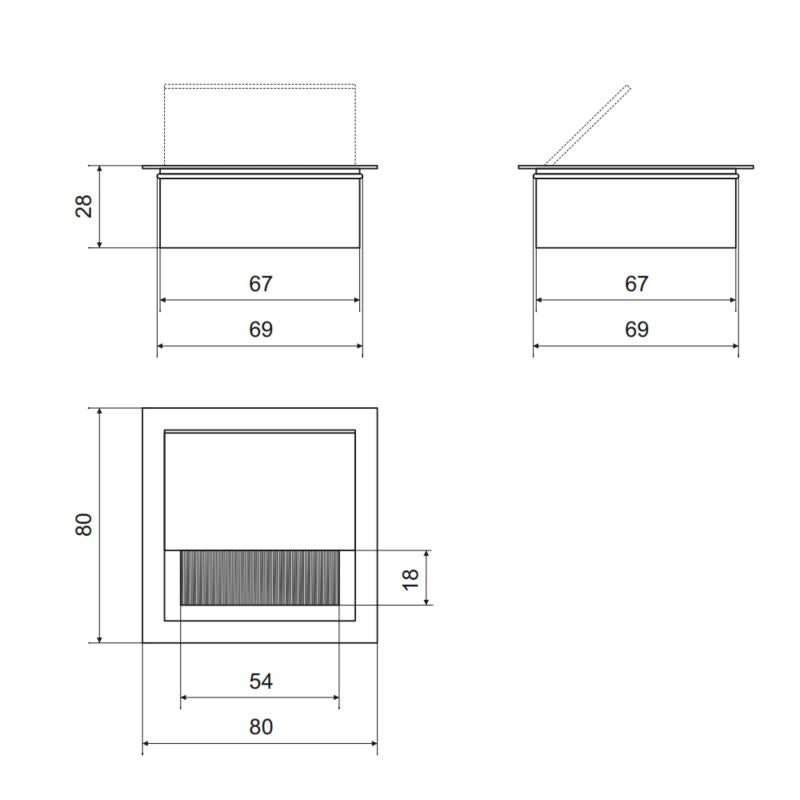 Square Aluminum Desk Grommet 3-1/8x3-1/8 inch, Silver "Wave"