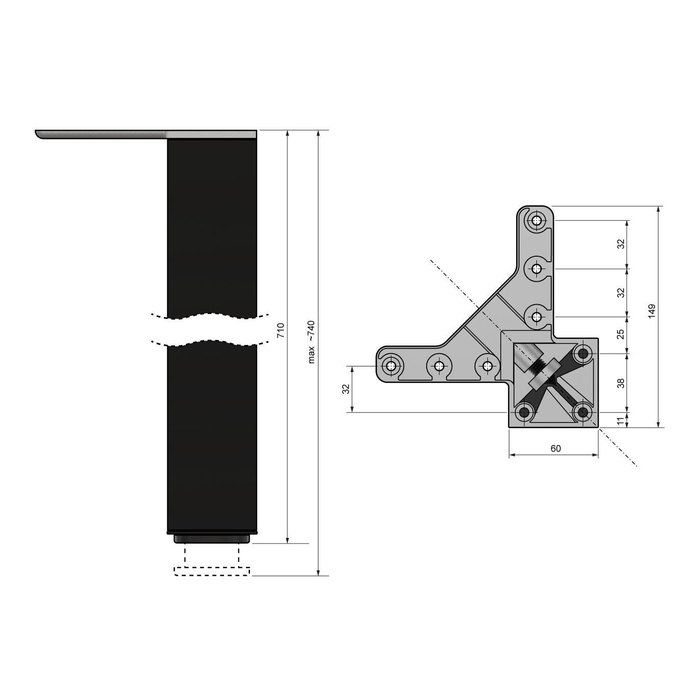 Square Furniture Leg 710mm, Black, ZnAl Mounting Plate Furnica