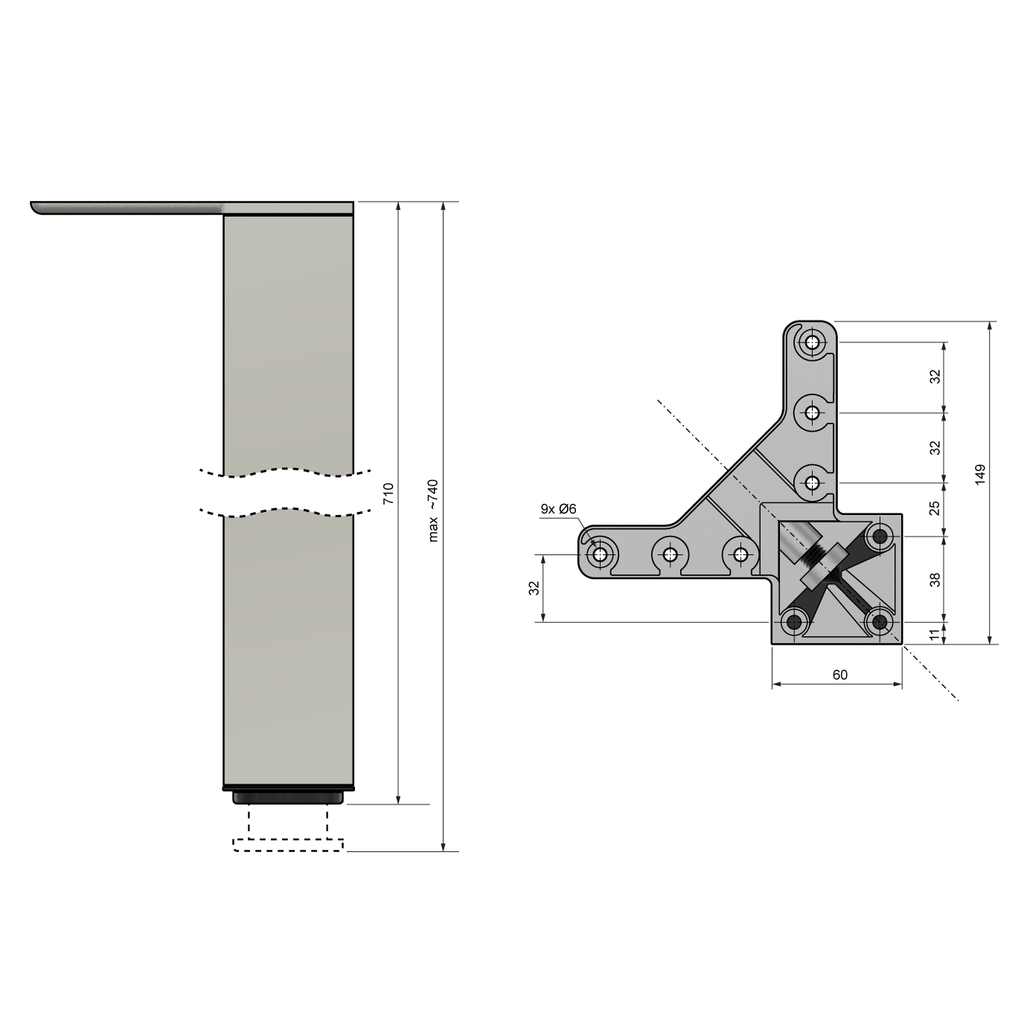 Square Furniture Leg 27-15/16 inch, Satin, ZnAl Mounting Plate