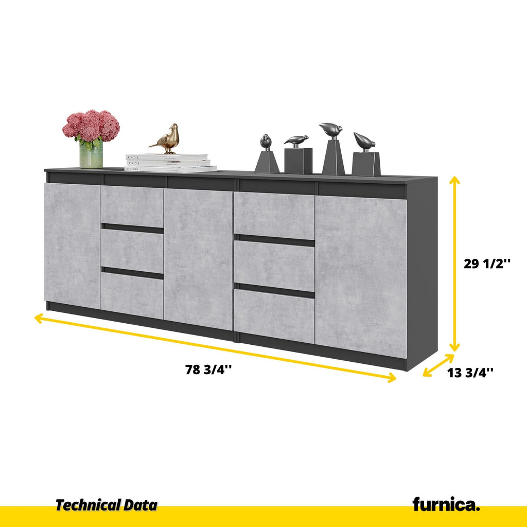MIKEL - Chest of 6 Drawers and 3 Doors - Bedroom Dresser Storage Cabinet Sideboard - Anthracite / Concrete H29 1/2" W78 3/4" D13 3/4"