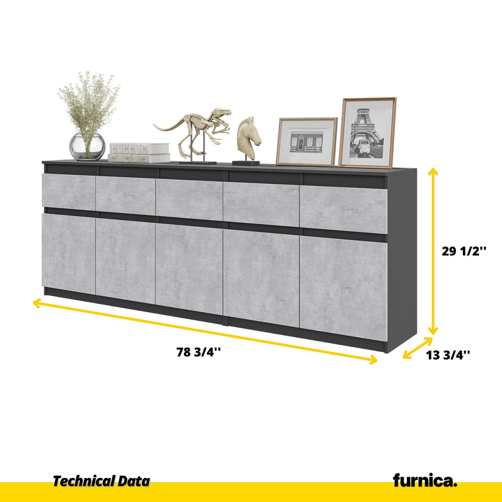 NOAH - Chest of 5 Drawers and 5 Doors - Bedroom Dresser Storage Cabinet Sideboard - Anthracite / Concrete H29 1/2" W78 3/4" D13 3/4"