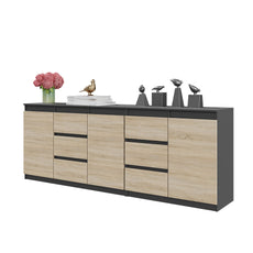 MIKEL - Chest of 6 Drawers and 3 Doors - Bedroom Dresser Storage Cabinet Sideboard - Anthracite / Sonoma Oak H29 1/2" W78 3/4" D13 3/4"