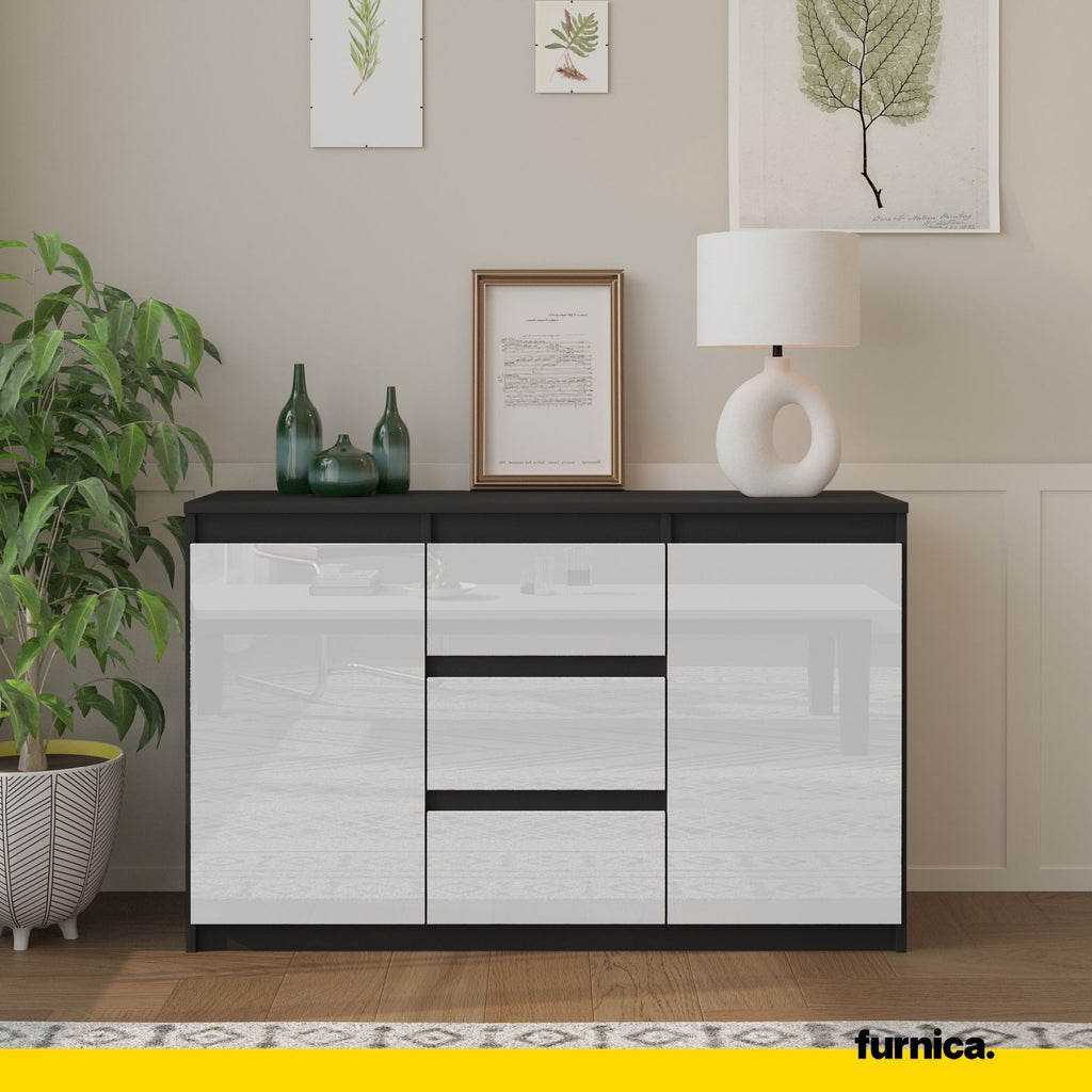 MIKEL - Chest of 3 Drawers and 2 Doors - Bedroom Dresser Storage Cabinet Sideboard - Anthracite / White Gloss H29 1/2" W47 1/4" D13 3/4"