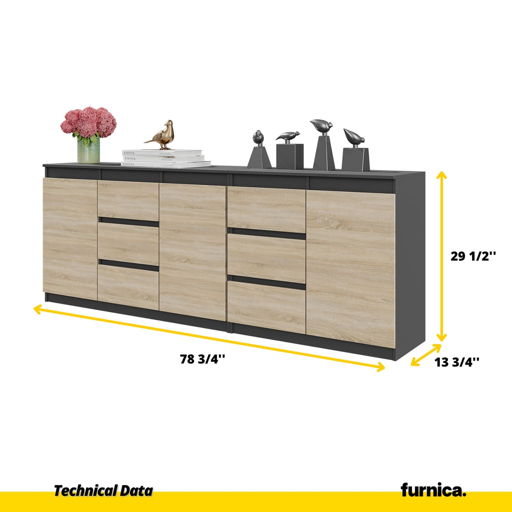 MIKEL - Chest of 6 Drawers and 3 Doors - Bedroom Dresser Storage Cabinet Sideboard - Anthracite / Sonoma Oak H29 1/2" W78 3/4" D13 3/4"