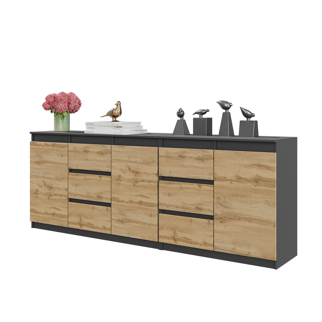 MIKEL - Chest of 6 Drawers and 3 Doors - Bedroom Dresser Storage Cabinet Sideboard - Anthracite / Wotan Oak H29 1/2" W78 3/4" D13 3/4"